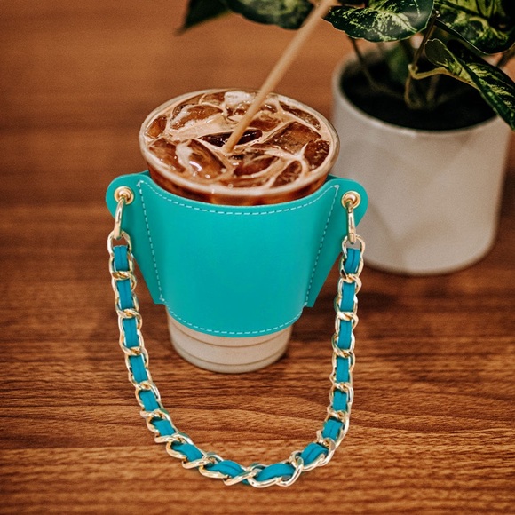 Turquoise leather coffee cup sleeve holder - Picture 3 of 4
